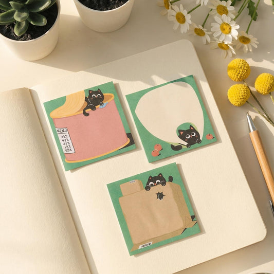 Pack of 4 Set - Kawaii Black Kitty Sticky Note Pad