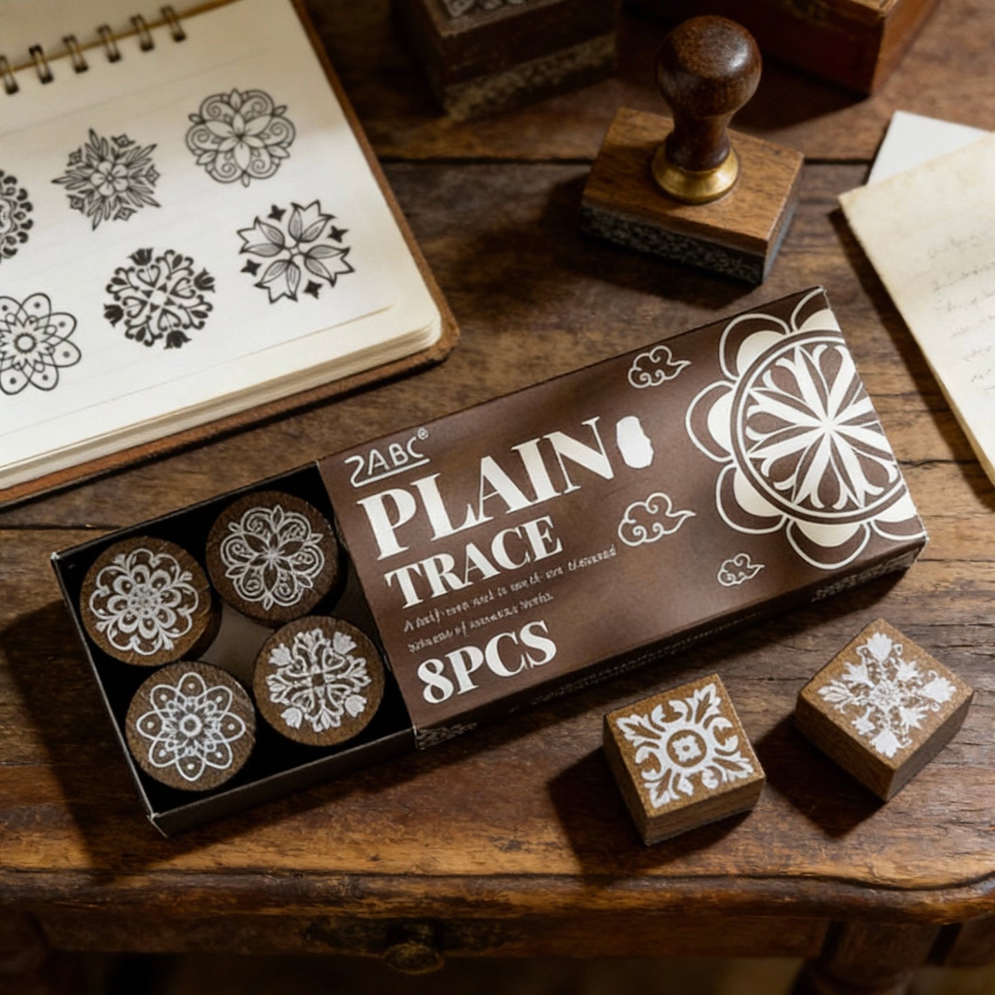 8 Beech Wood Stamp Set - Kaleidoscope Floral Journal Stamp