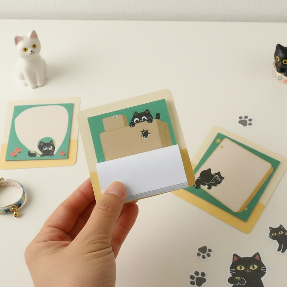 Pack of 4 Set - Kawaii Black Kitty Sticky Note Pad