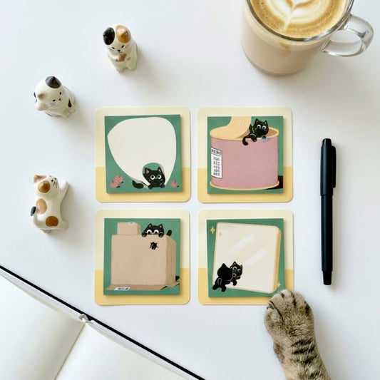 Pack of 4 Set - Kawaii Black Kitty Sticky Note Pad