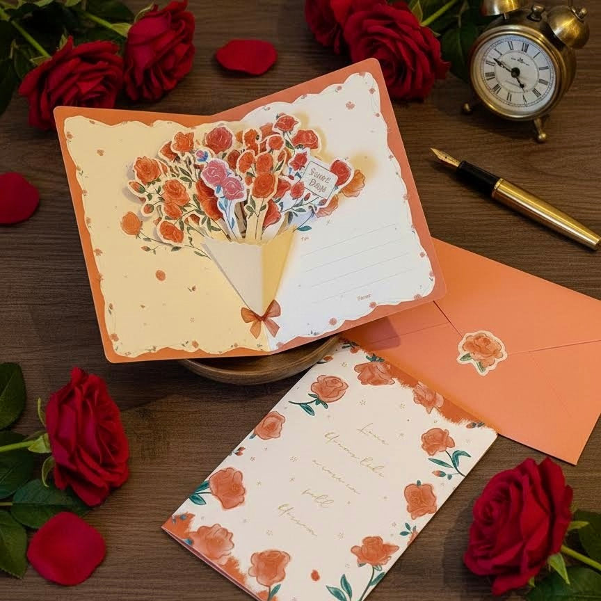 3D Pop-Up Elegant Flower Bouquet Thank You Card Greeting Card
