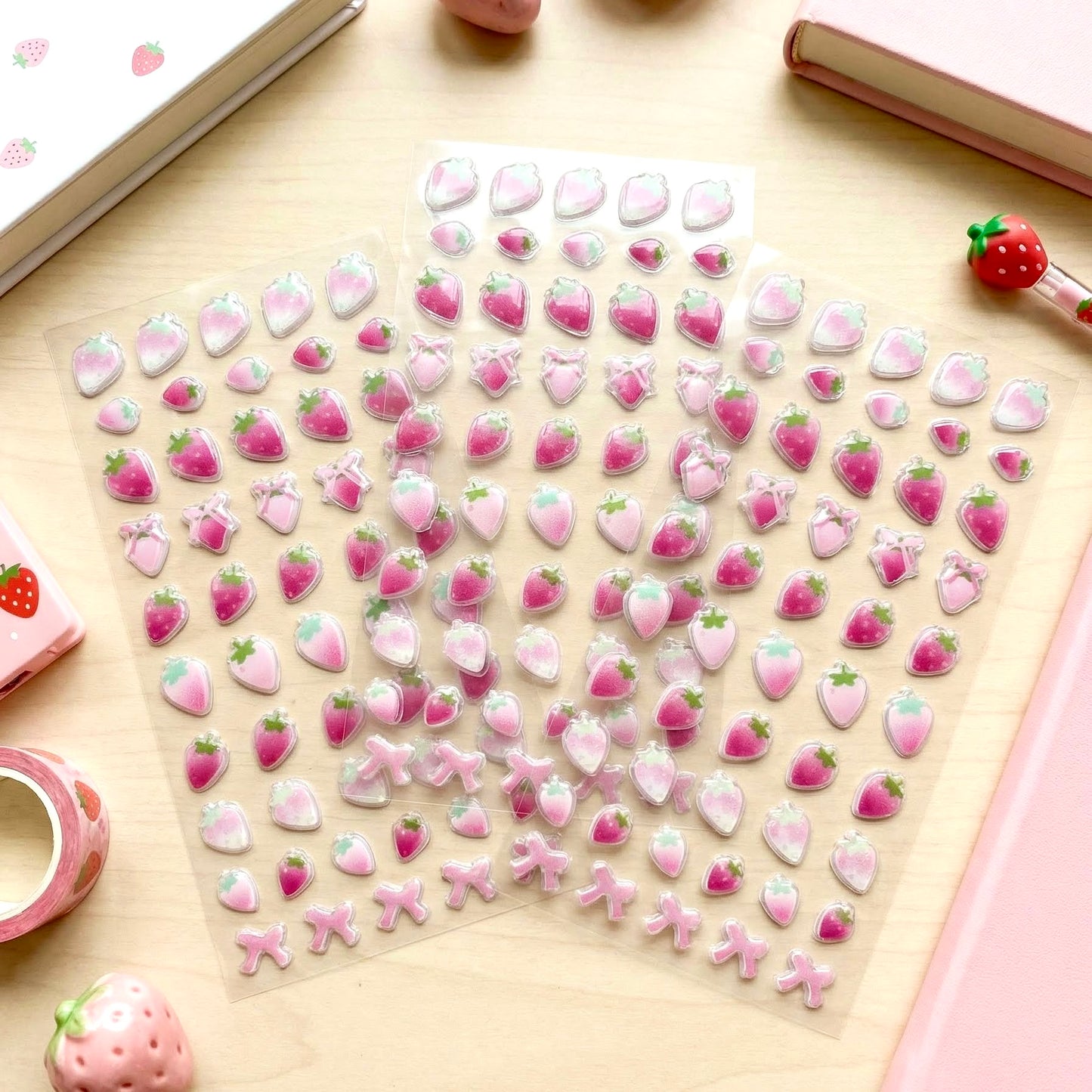 3D Glass-like Epoxy Stickers | Kawaii Pinky Strawberry