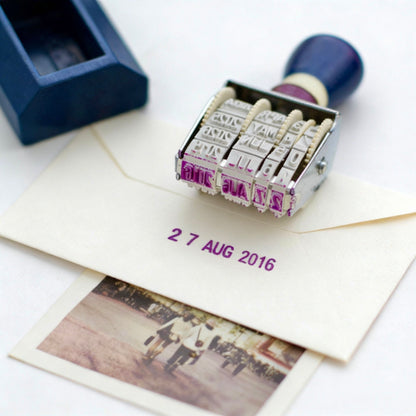 Natural Wood Stamp - Navy Blue Perpetual Date Roller Stamp