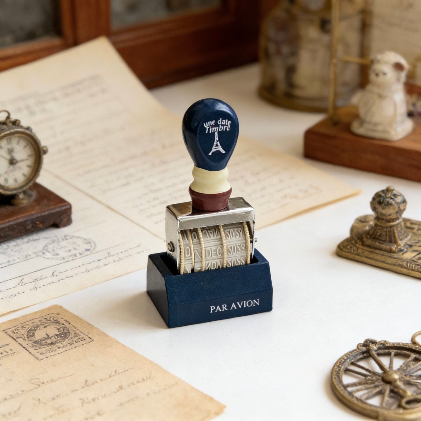 Natural Wood Stamp - Navy Blue Perpetual Date Roller Stamp