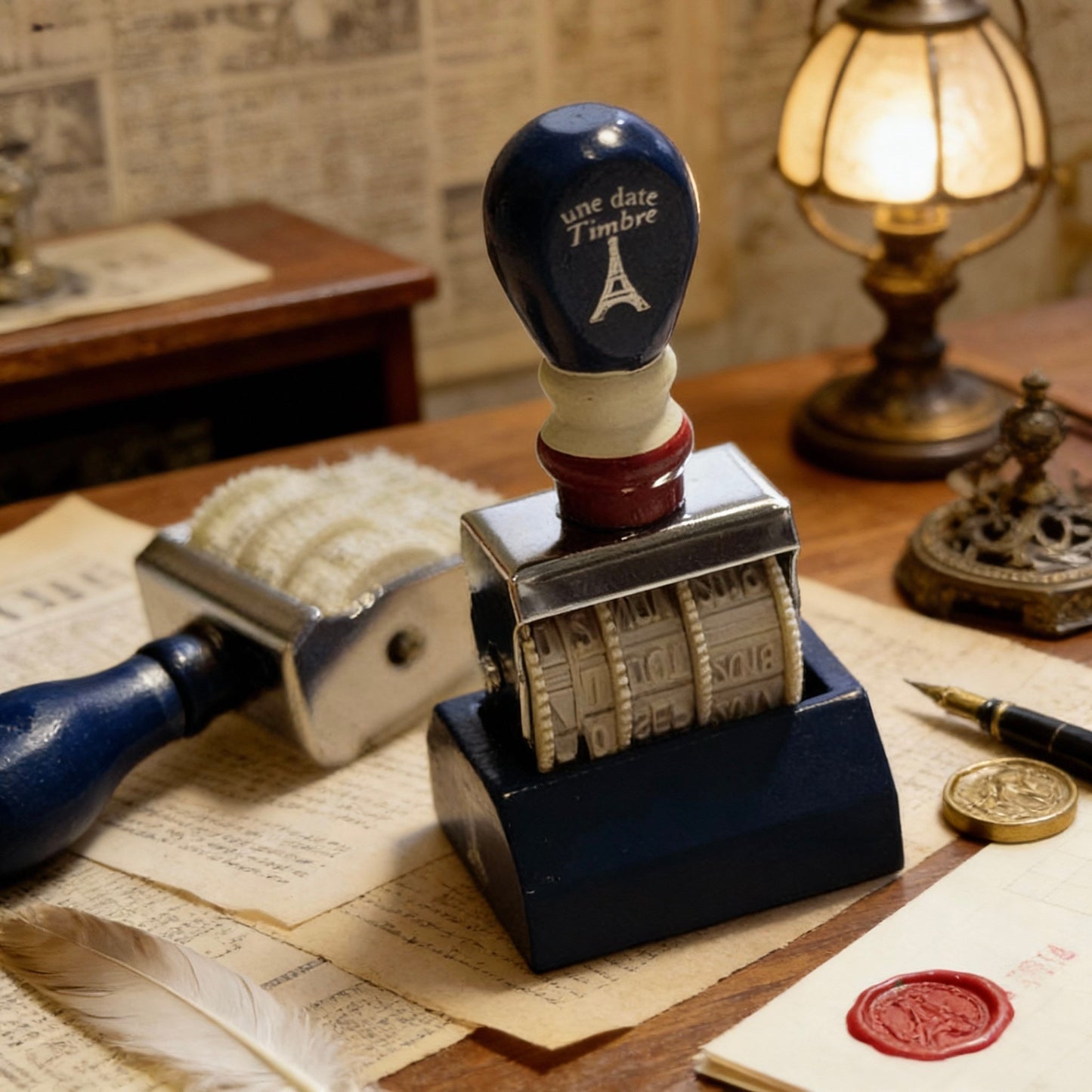 Natural Wood Stamp - Navy Blue Perpetual Date Roller Stamp