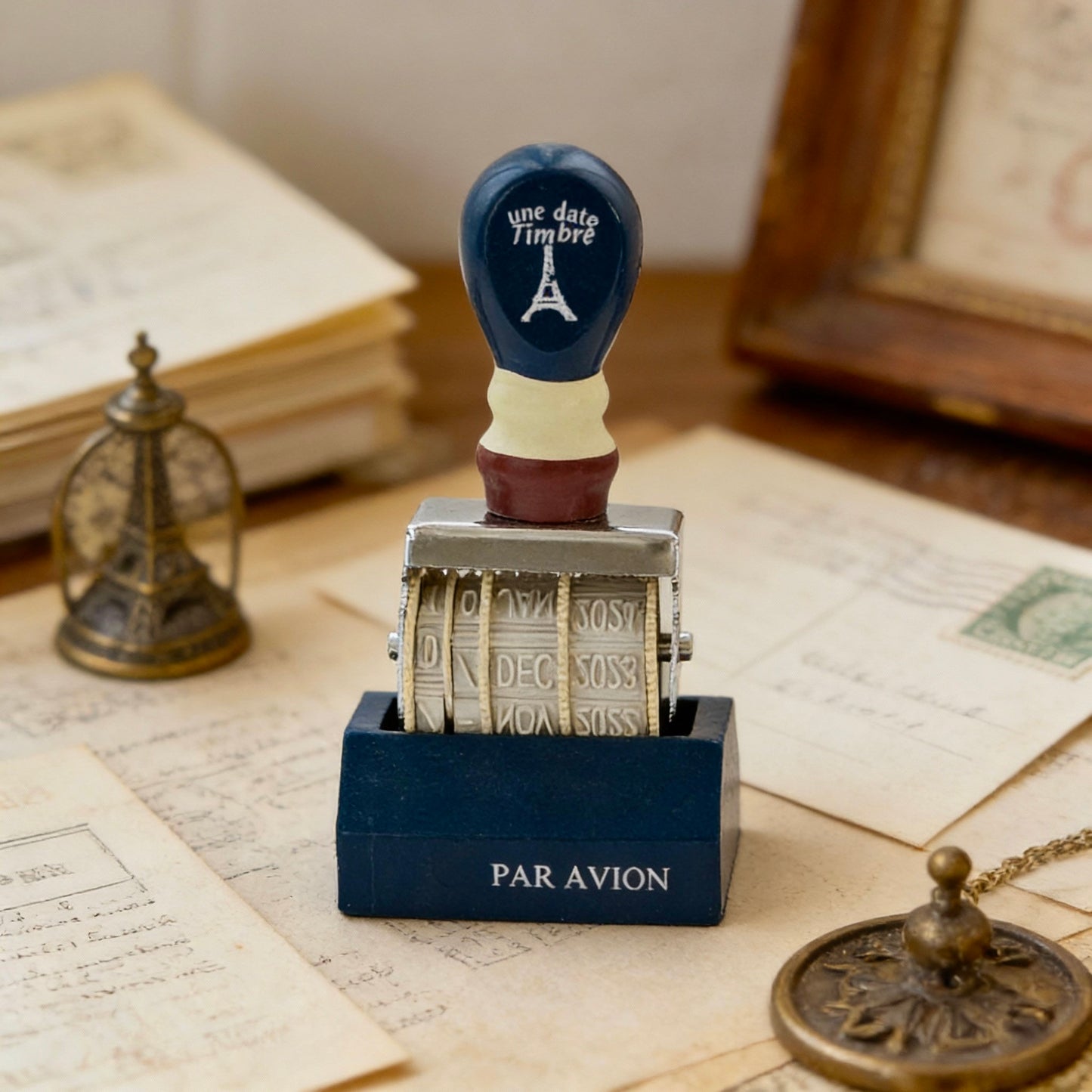 Natural Wood Stamp - Navy Blue Perpetual Date Roller Stamp