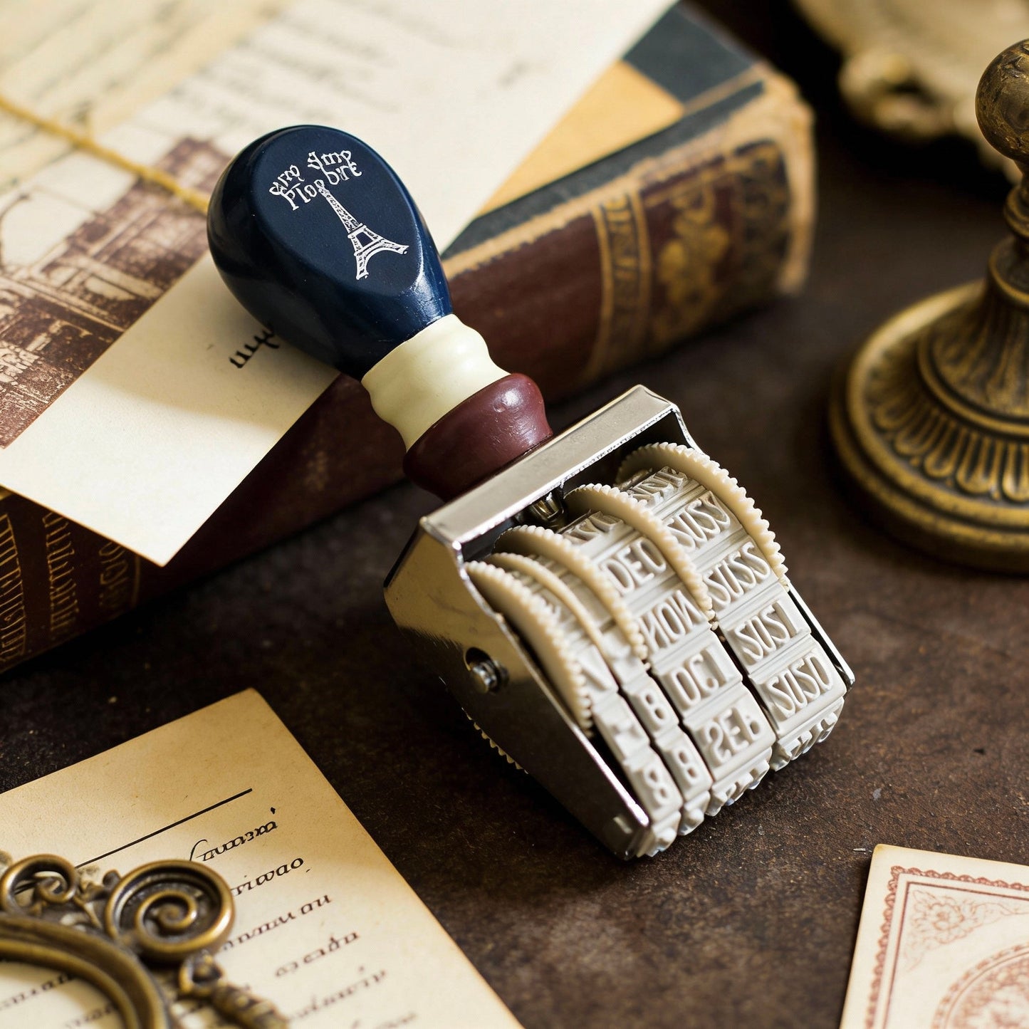 Natural Wood Stamp - Navy Blue Perpetual Date Roller Stamp