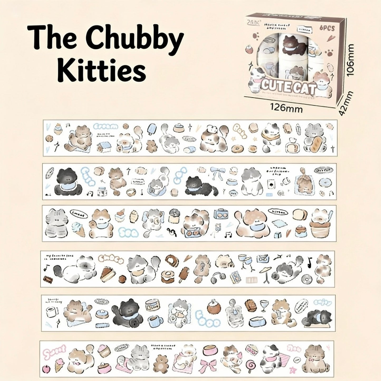 6-Pack Wide Washi Set | The Chubby Kitties | Extra Wide Pre-Die-Cut