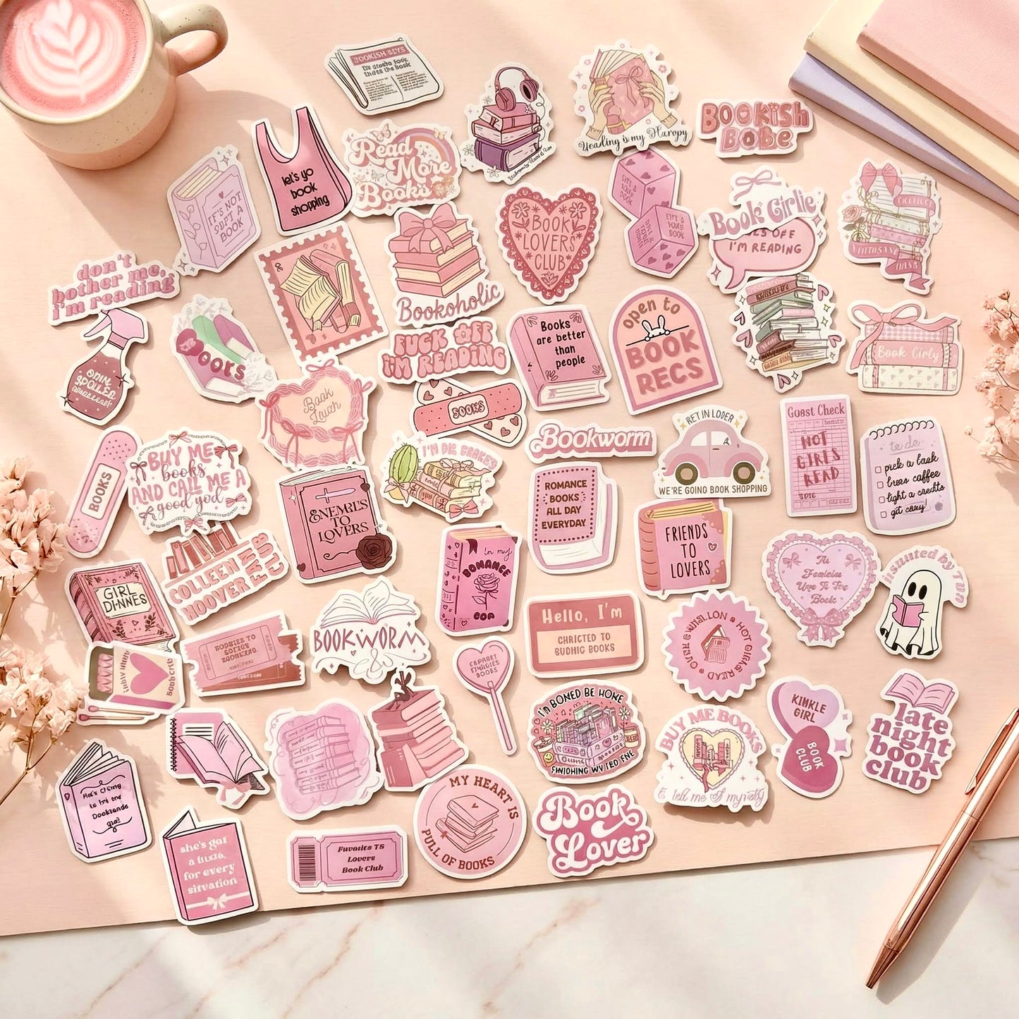 60 Pcs Individual Stickers | Pink Book Lovers