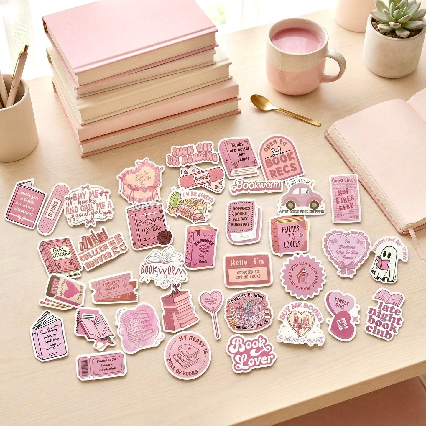60 Pcs Individual Stickers | Pink Book Lovers